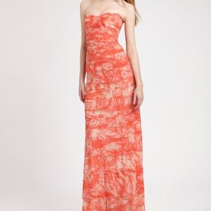 BCBG coral floor length dress. The color is coral